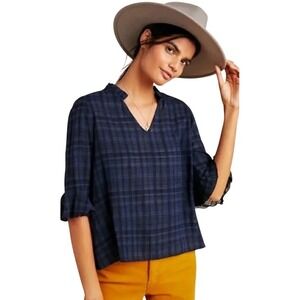 Dolan Left Coast Plaid Top Womens‎ XL Navy Blue Ruffle V-Neck Bell Sleeve Boho